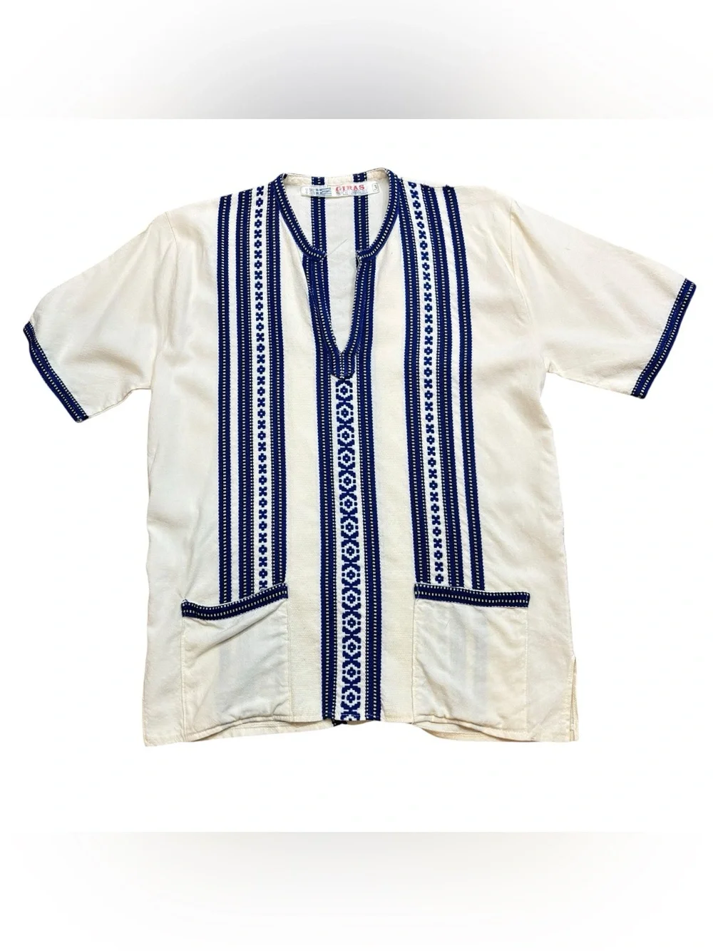 Mens Vintage Gira Brand Greek Short Sleeve Embroidered Top White and Blue Small